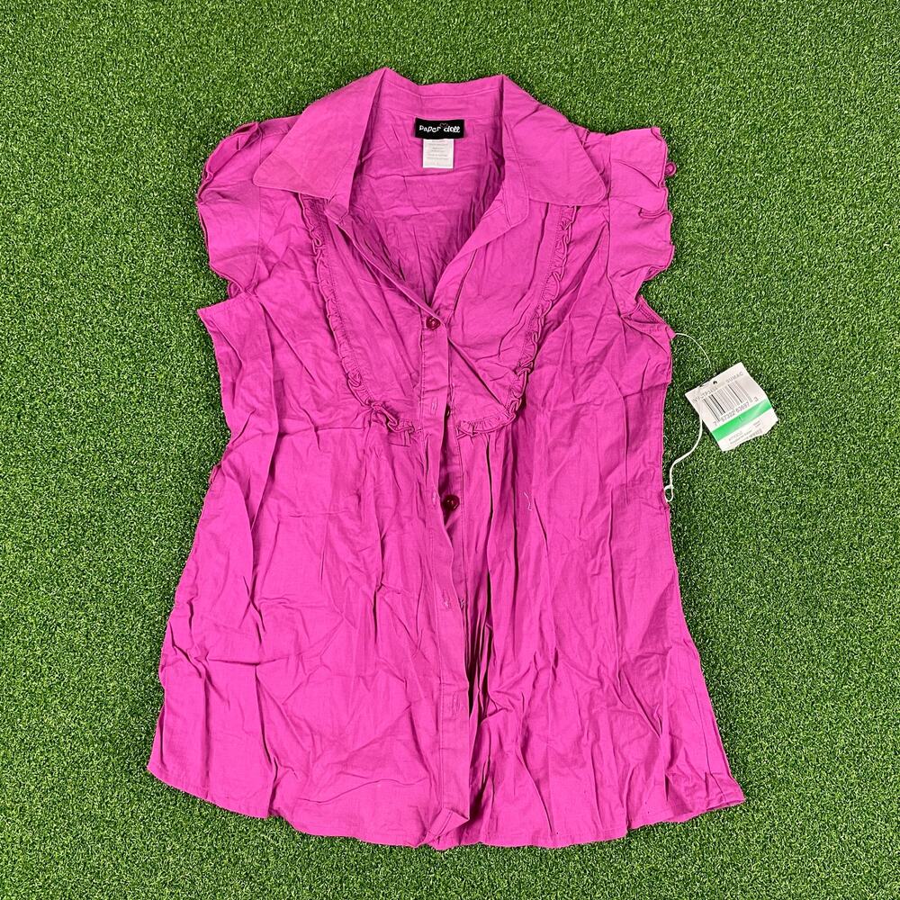 Paper Doll Magenta Ruffle Sleeve Button Front Preppy Blouse Sz L NEW